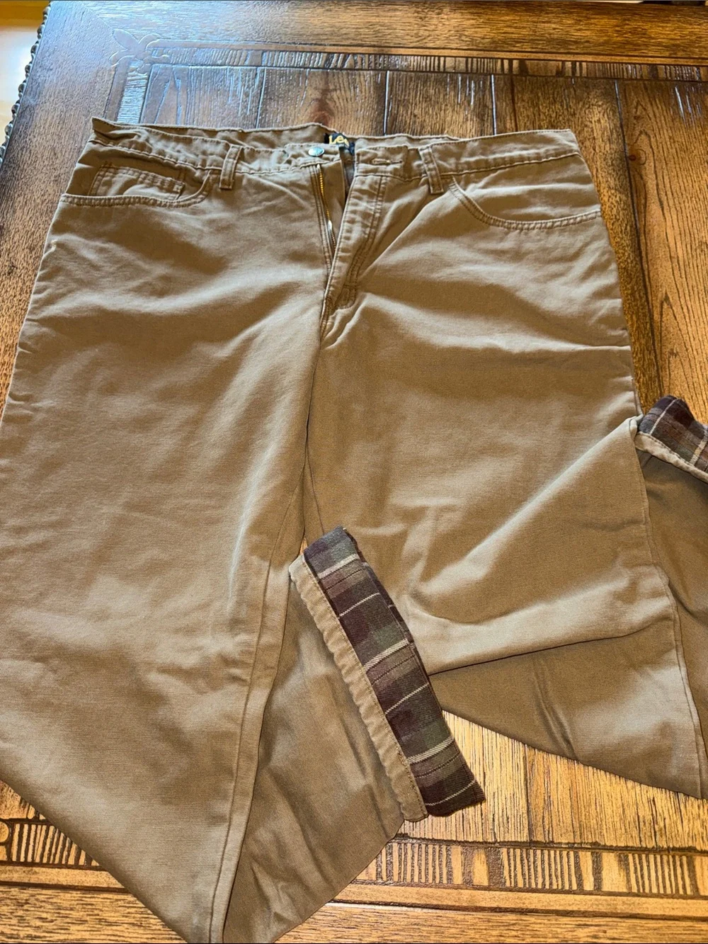 Lee Men's Flannel Lined Tan Relaxed Jeans with Plaid Cuff